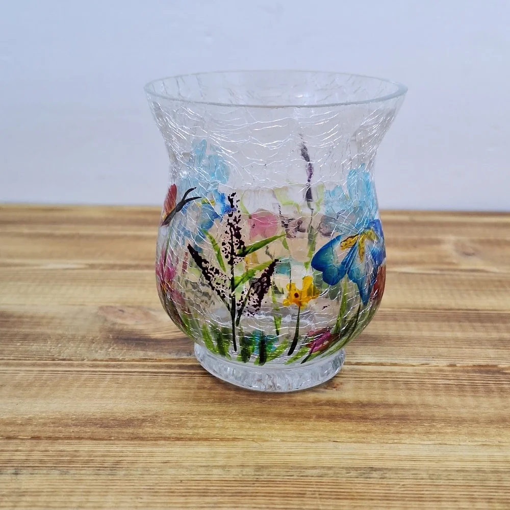 Crackle Glass Vase With Painted Flowers  3.5